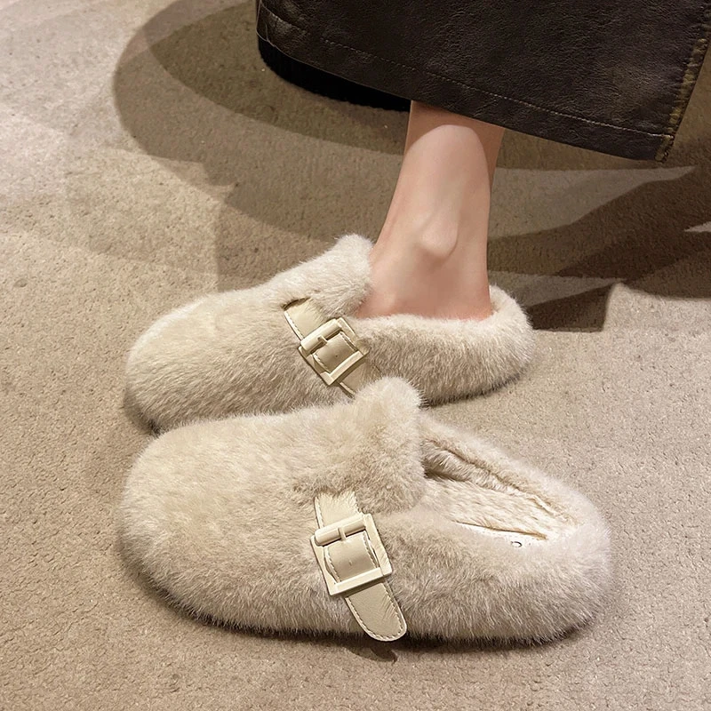 平底包头毛毛拖鞋女外穿2025新款秋冬高级感一脚蹬水貂毛绒棉拖鞋