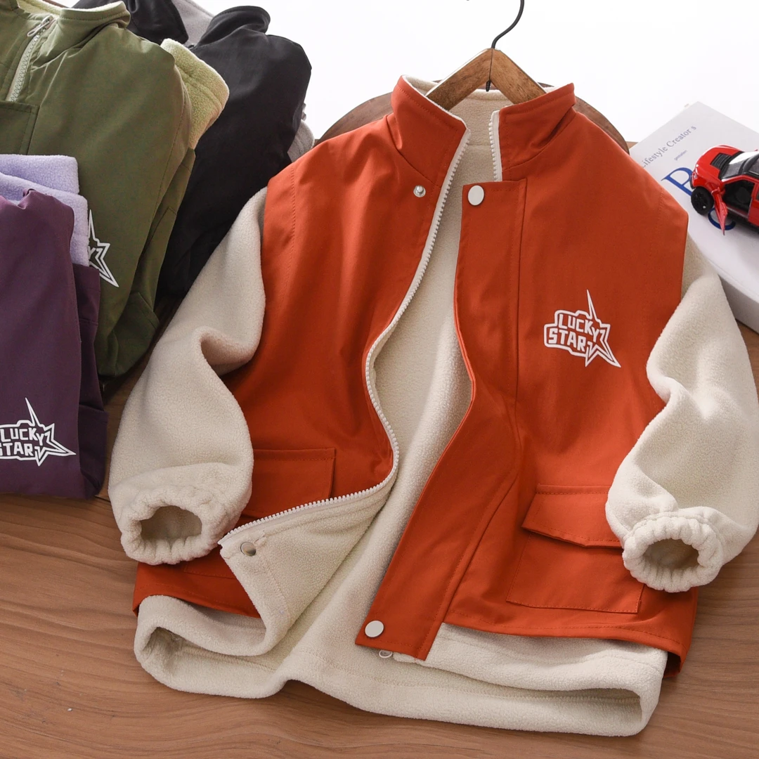 男童加绒外套秋冬季2025新款中大童洋气假两件摇粒绒儿童男孩夹克