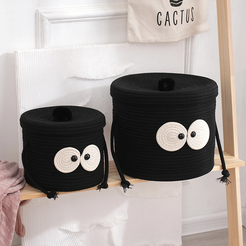 创意黑煤球零食收纳筐 家用客厅卧室衣物棉绳收纳篮带盖储物盒