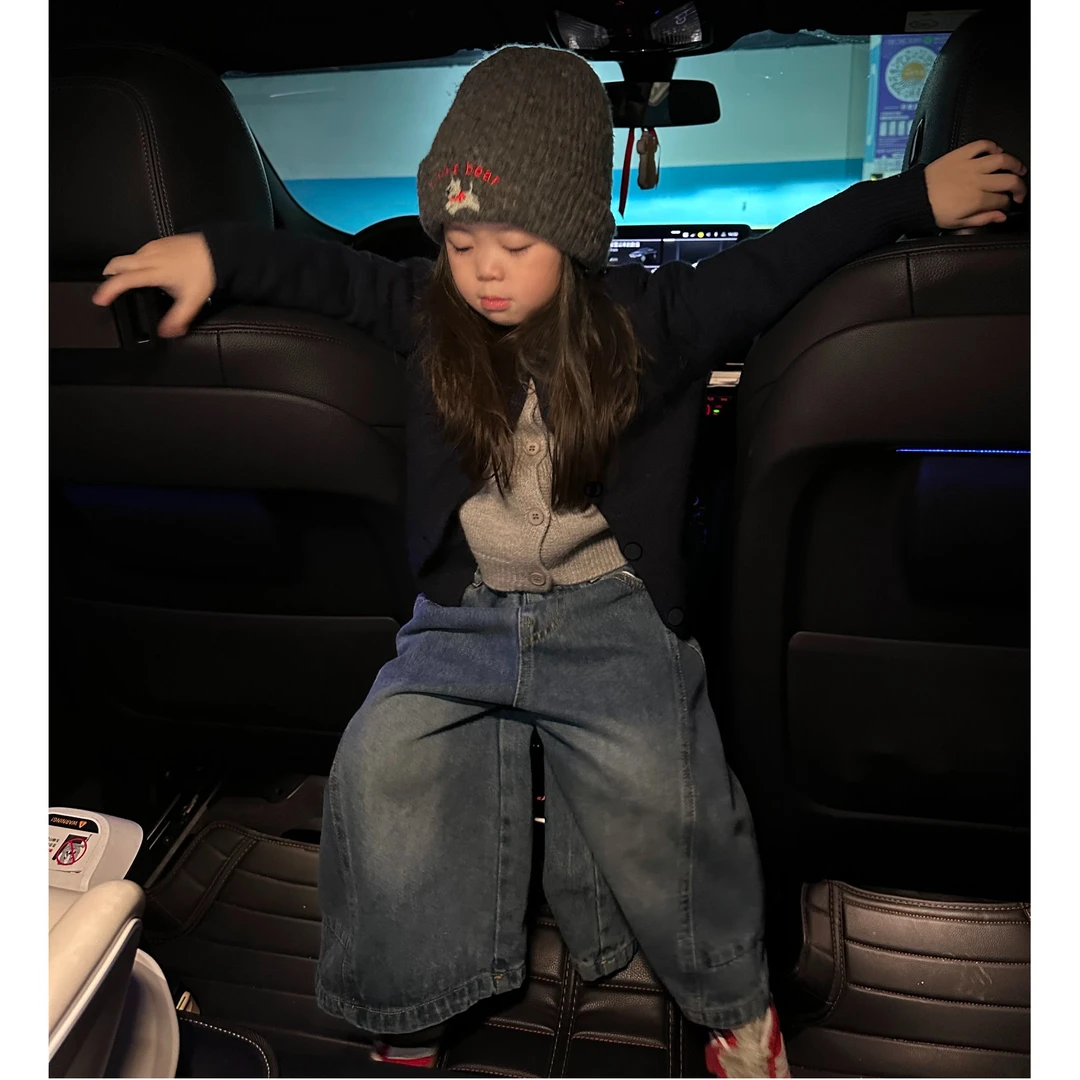 壹妈韩版时尚套装秋冬宽松女童假两件针织开衫外套百搭蓝色牛仔裤