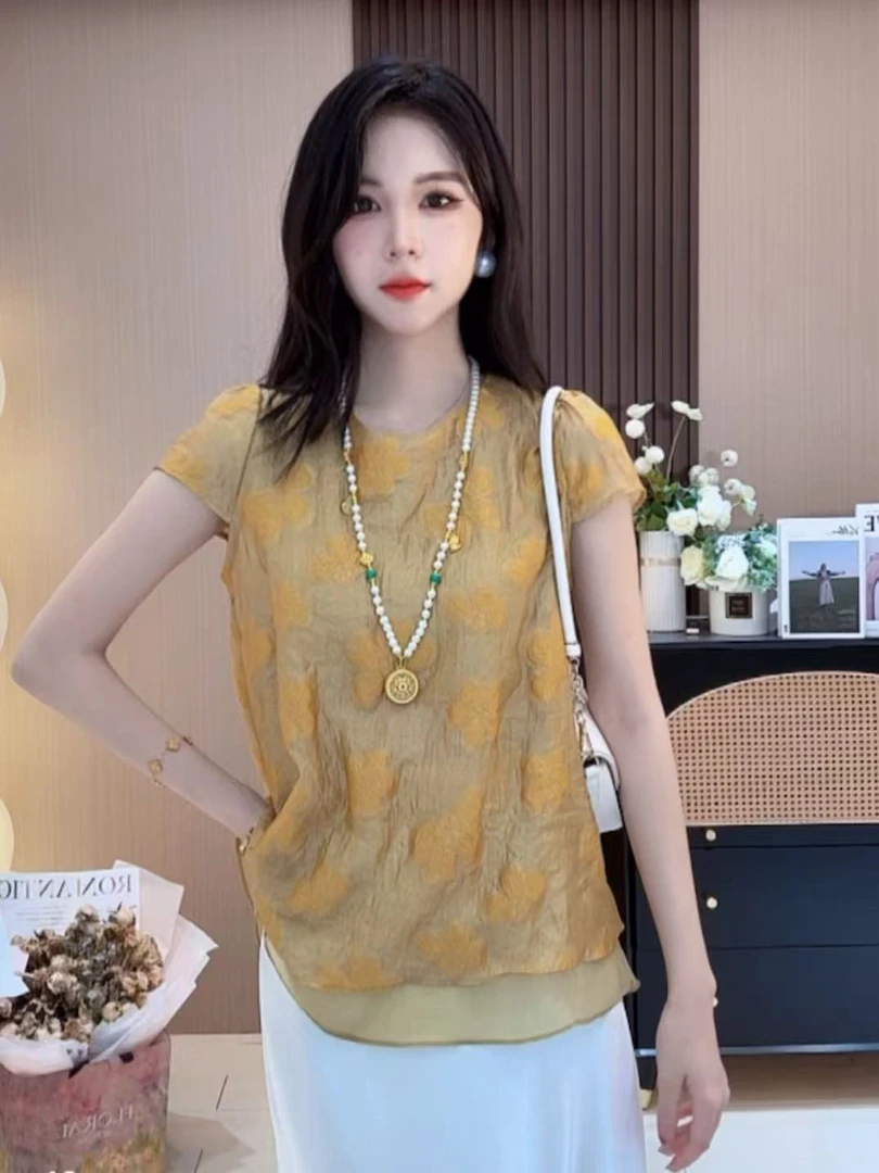 2025新款夏季宽松设计感复古黄色圆领刺绣假两件上衣衬衫女