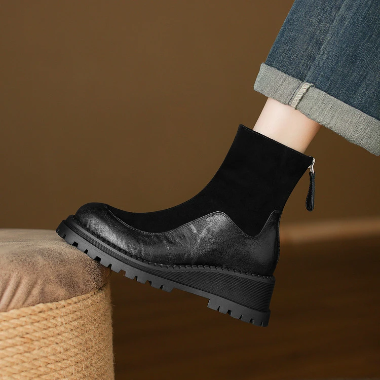 短靴子女早秋季新款百搭切尔西超火方头高坡跟巨好看黑色磨砂拼接