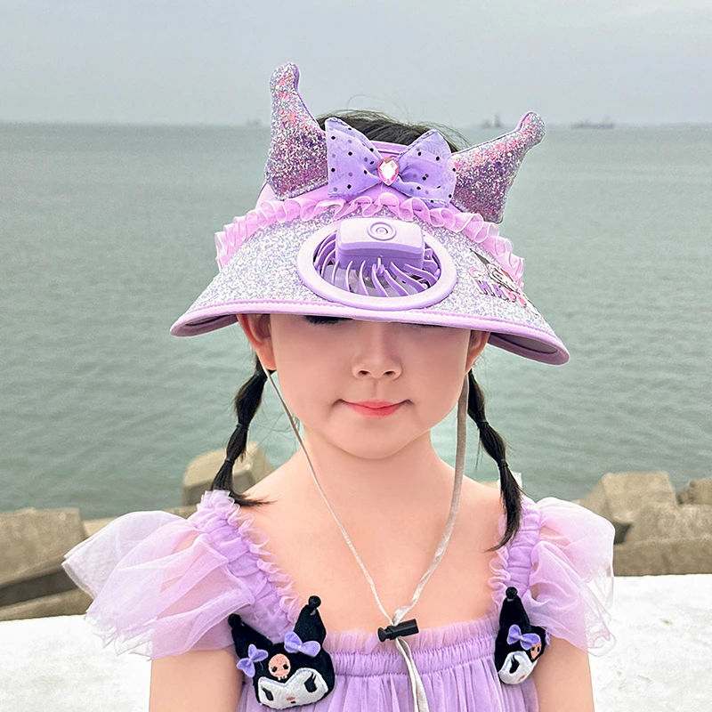 儿童库洛米带风扇帽子夏季女童大檐空顶防晒遮阳帽女孩出游太阳帽