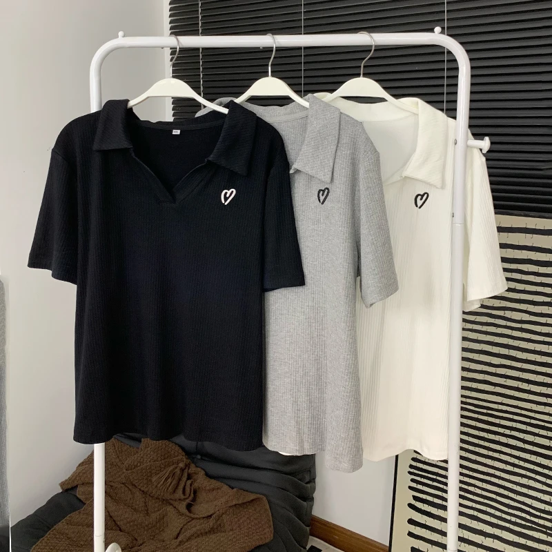 Milu家大码女装夏季基础百搭polo领正肩短袖t恤胖mm遮肚显瘦上衣