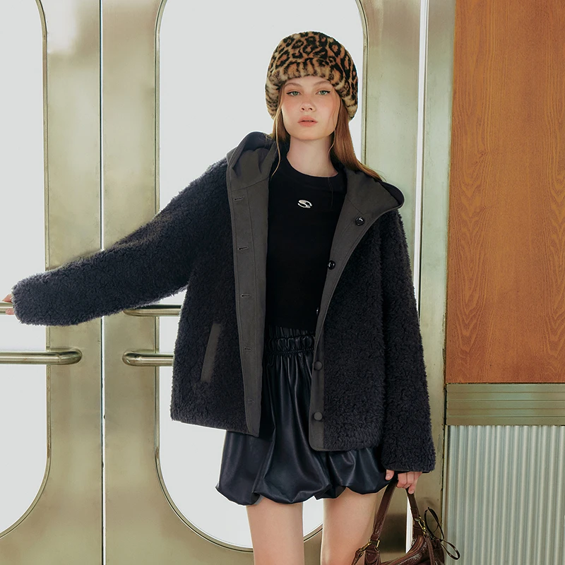 SALT.P可颜 2025冬季新款100%羊毛双面穿连帽外套AC35510080