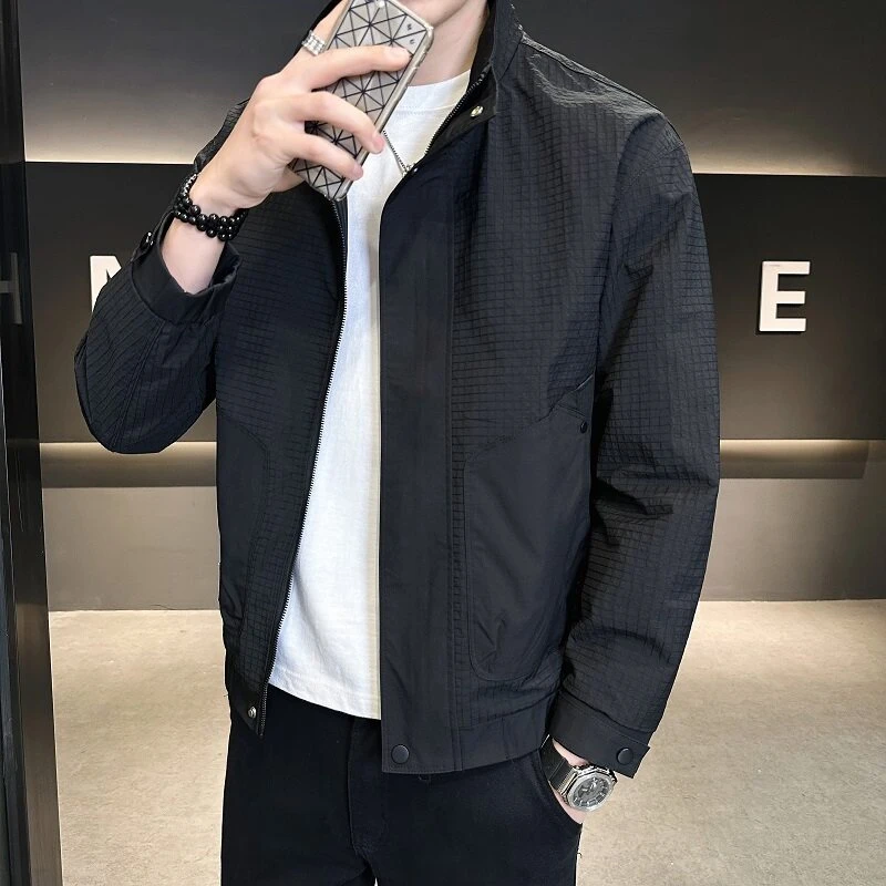 18032028春装男士立领暗格子外套夹克薄款