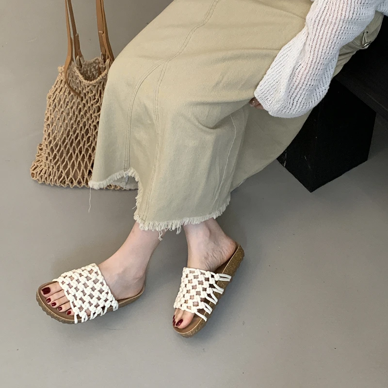 SSF-5012软底透气沙滩鞋一字拖鞋女外穿厚底复古编织罗马凉拖鞋潮