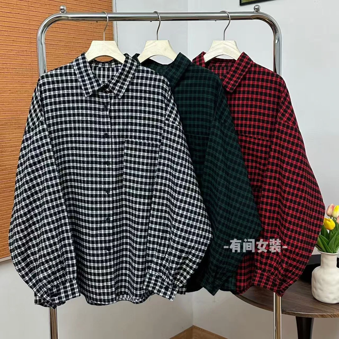 磨毛格子衬衫宽松复古长袖慵懒风百搭休闲衬衣女秋冬上衣中长款
