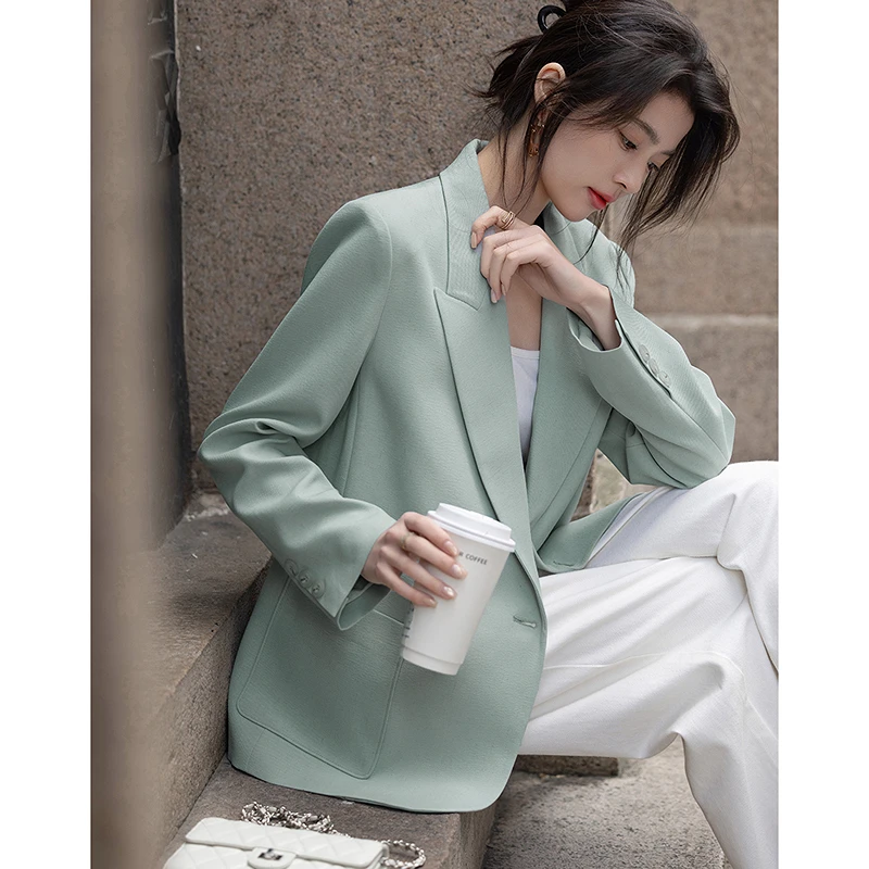 【黎老板专属】德·玛纳蕴含亚麻春新品优雅戗驳领双排扣大贴袋外套