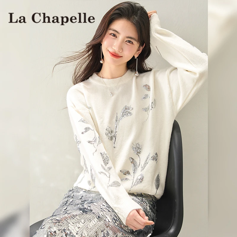 拉夏贝尔重工花朵印花圆领针织衫毛衣女秋冬法式慵懒软糯减龄上衣