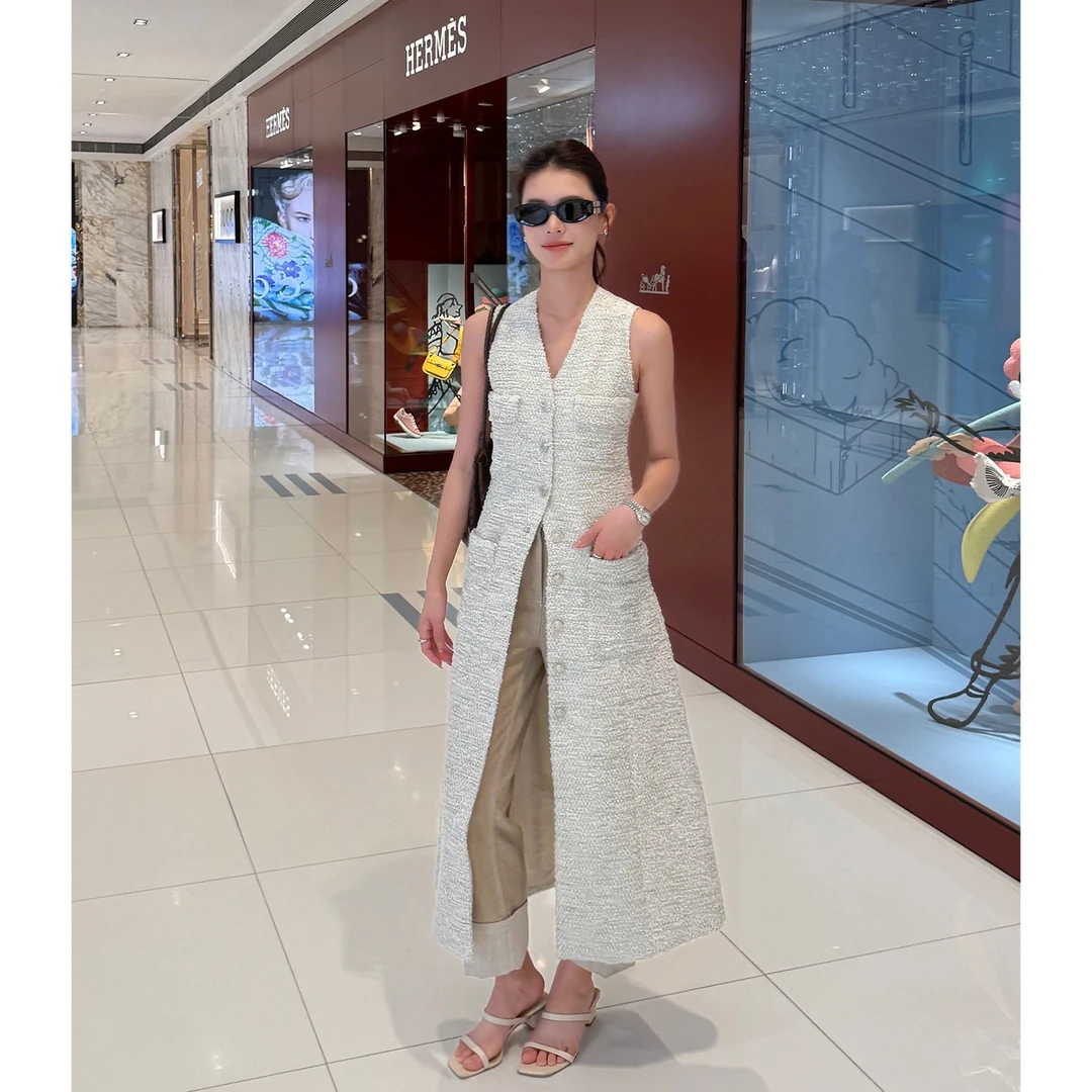 【ASLEE】“白兰度（长款）”粗花呢小香风无袖a字连衣裙气质裙子