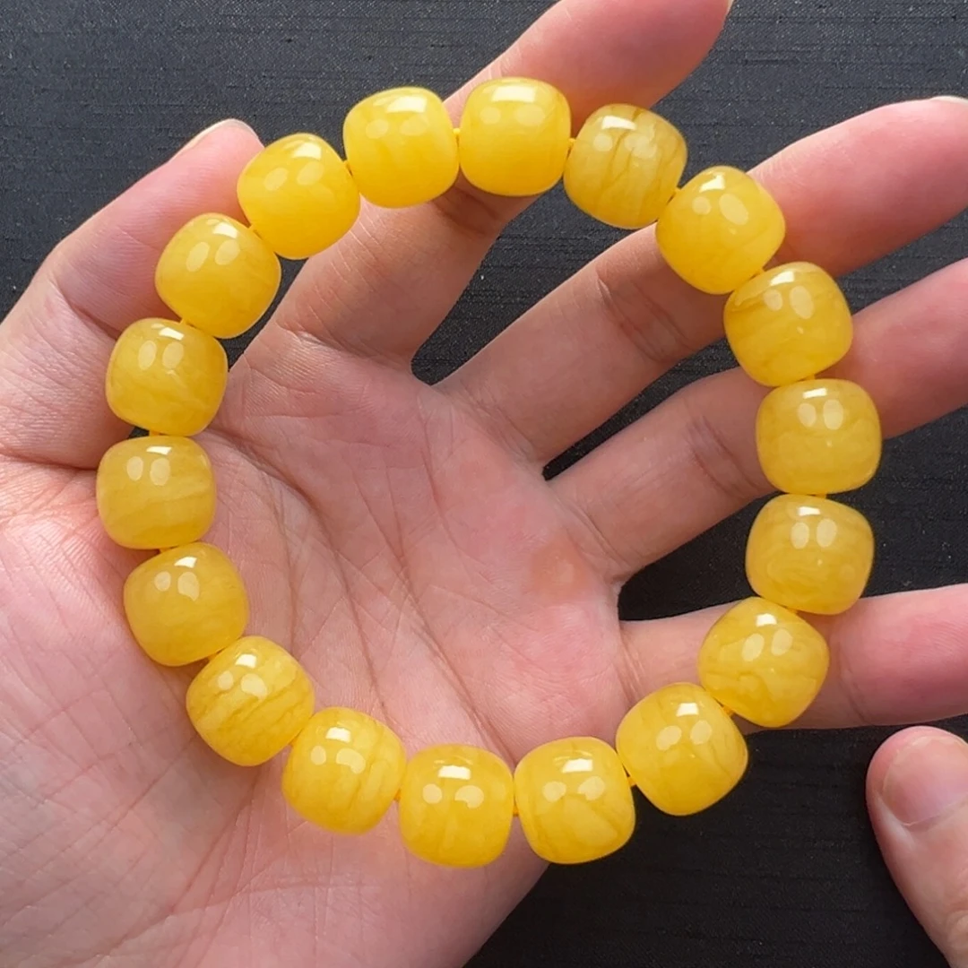 琥珀未镶嵌裸石焦皮橘红浓蜡同料手串13mm