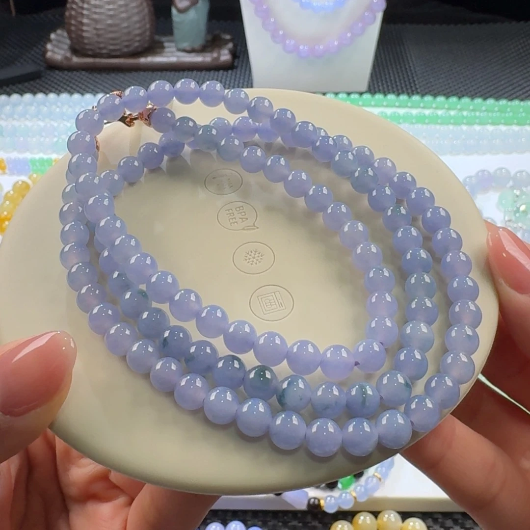 翡翠手链未镶嵌浓紫飘花长串6.4mm