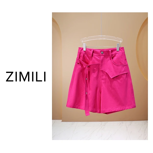 【亮哥女装】2025欧版《热烈》玫红色拼接高克重休闲短裤8023-H2