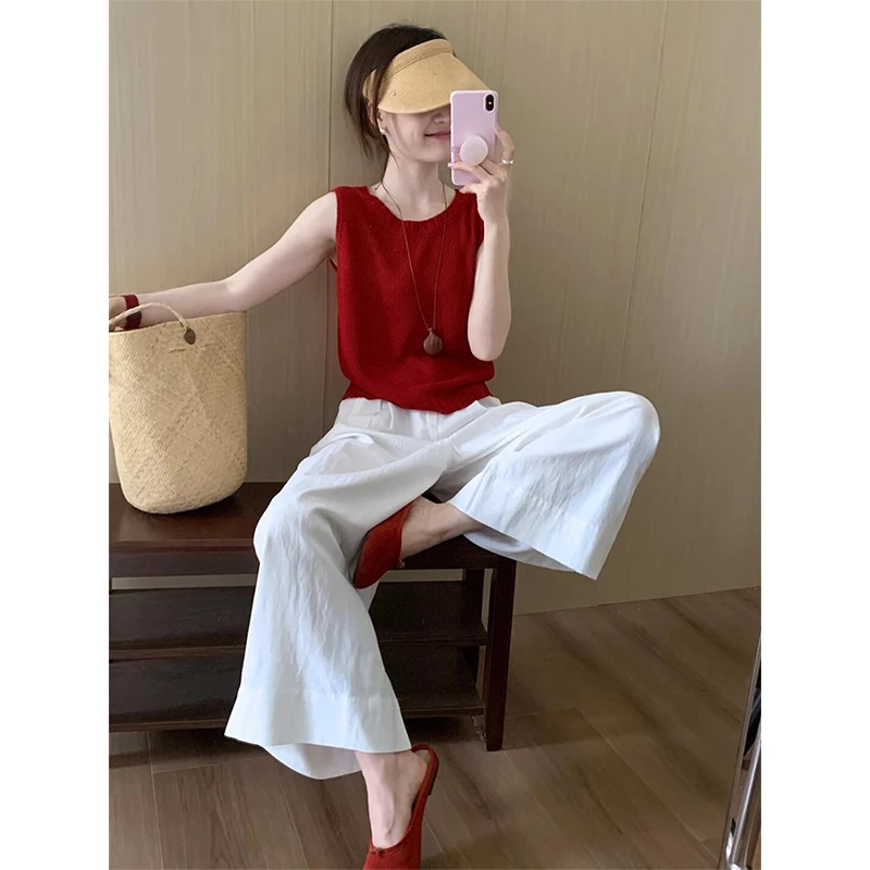 夏日绝美清冷松弛感穿搭红色背心亚麻长裤两件套装夏季女2025新款