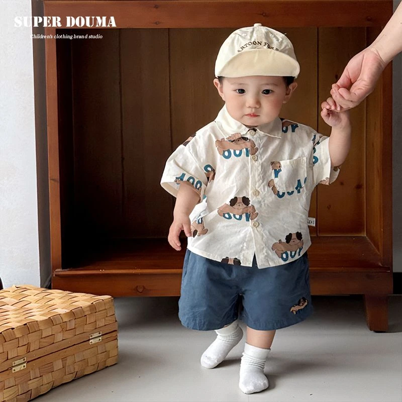 男童夏季薄款套装2025韩版宝宝幼儿园卡通衬衫儿童洋气时髦短裤潮