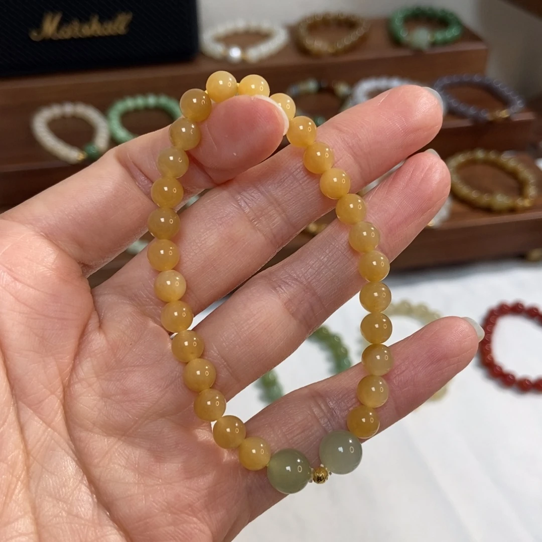 和田玉18K金镶嵌手链6mm且末糖金糖