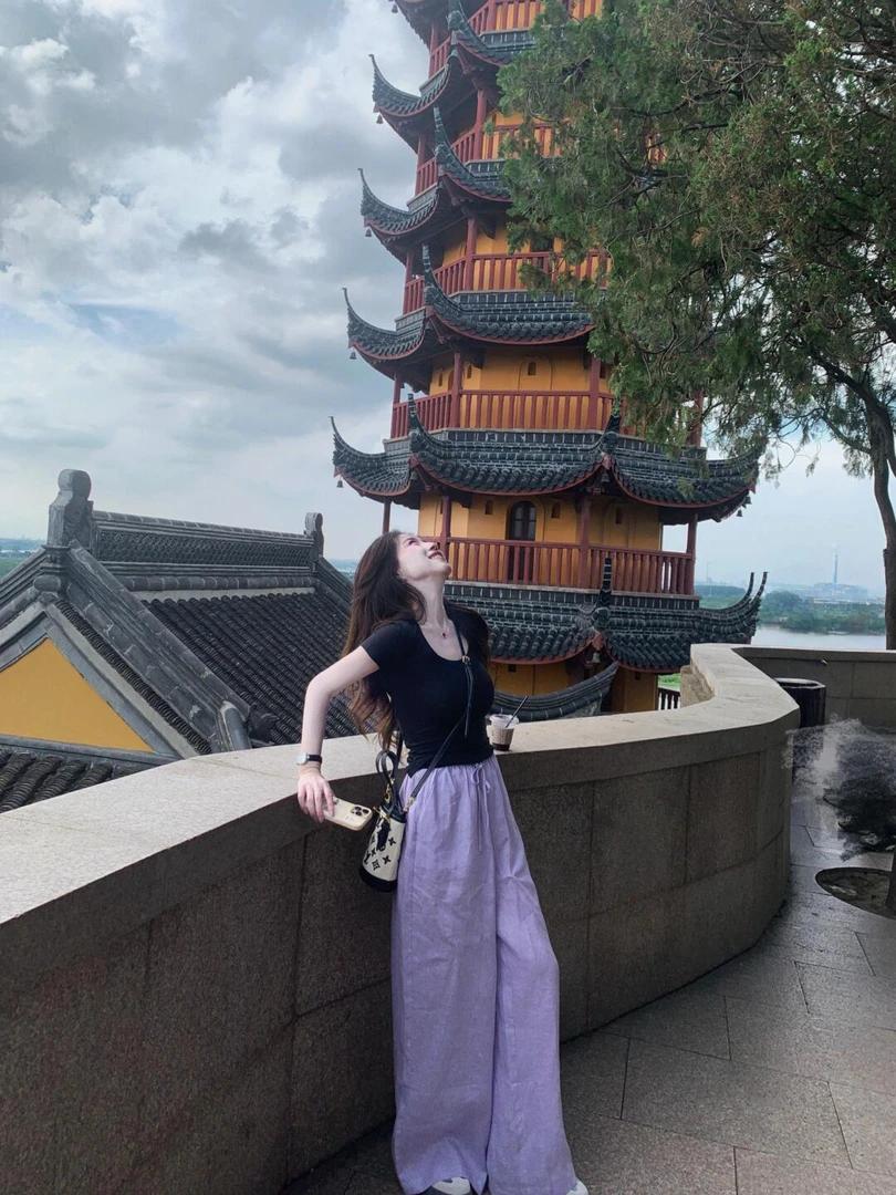 【温柔的风】夏季森系INS风时尚套装韩版纯欲风黑色短袖T恤紫色长裤