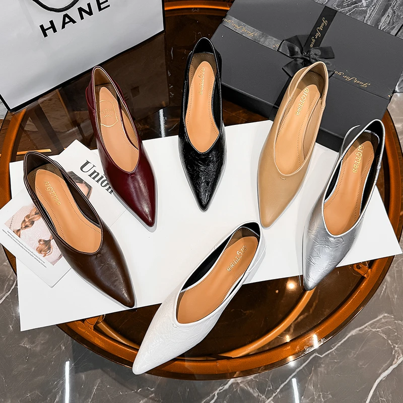 牛皮2025百搭四季新款春秋软面百搭浅口尖头平底鞋单鞋女真皮韩版