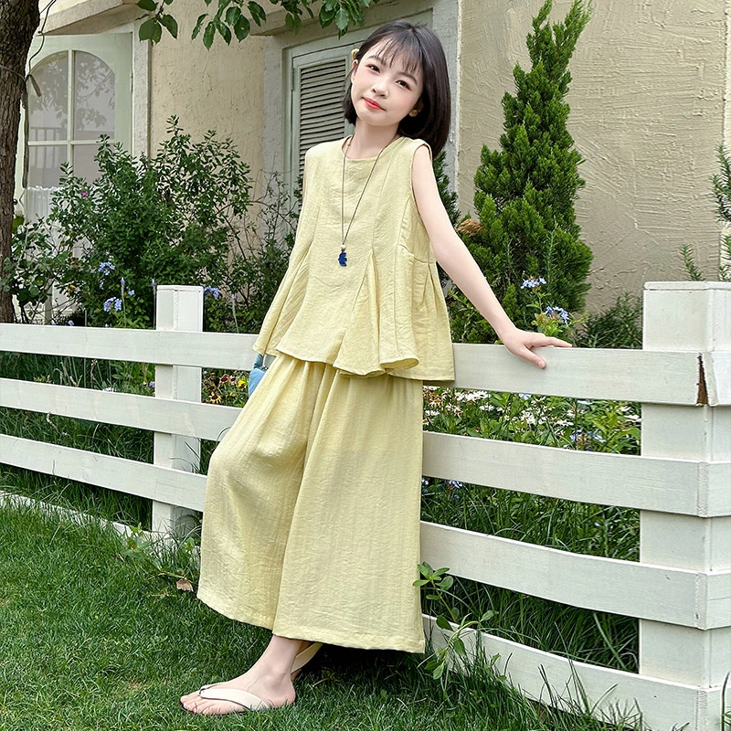 女童时尚荷叶边背心套装2025新款洋气大童女孩夏季阔腿裤时髦裙裤