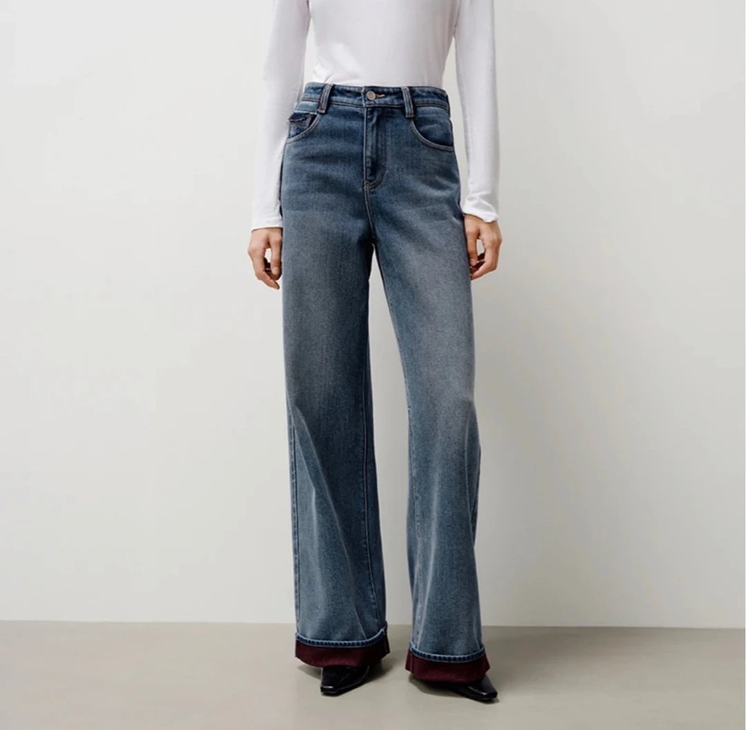 艾家2025秋冬新款宽松显瘦百搭直筒卷边牛仔裤女休闲裤4117