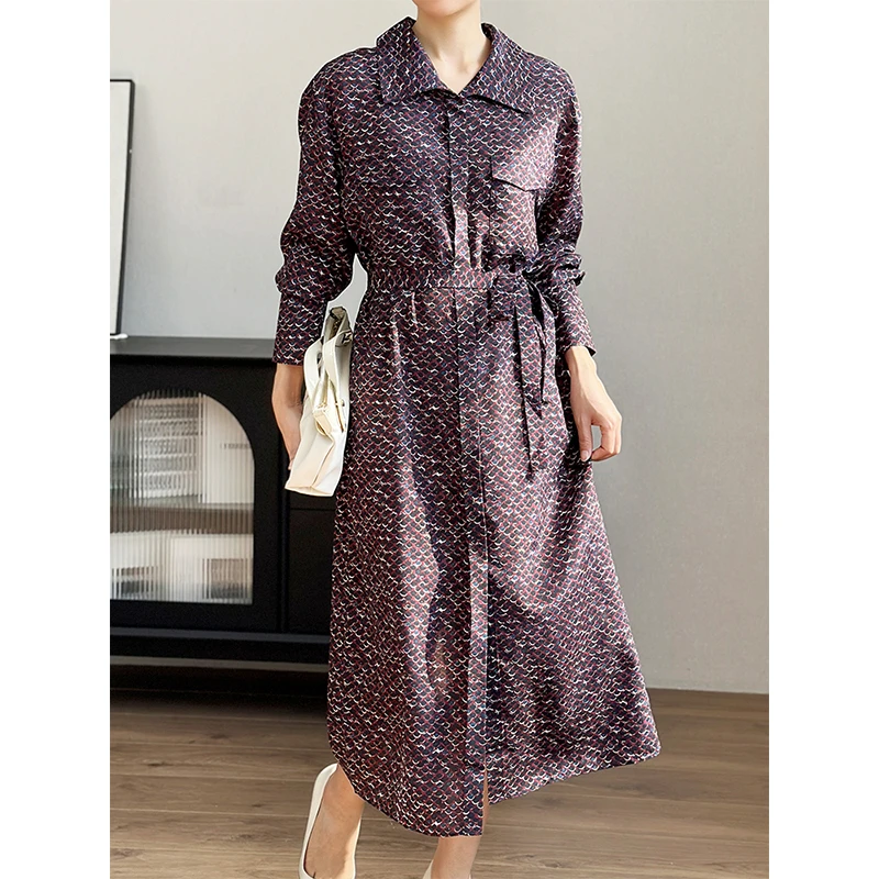 左左家 小禾易打理系列~气质印花双绉真丝连衣裙女翻领系带衬衫裙