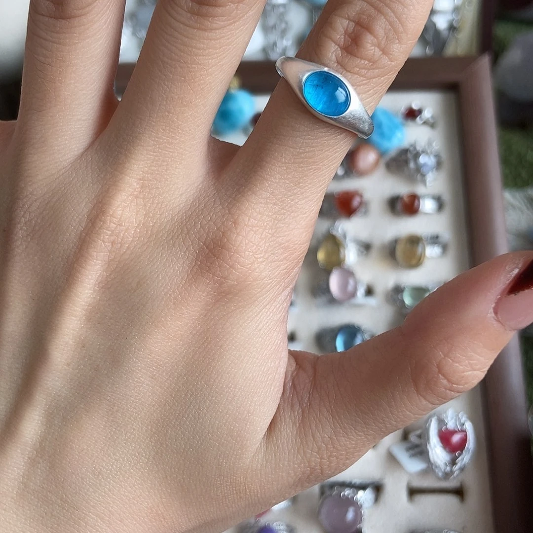 园***雀戒指烟晶银S925镶嵌蓝磷灰