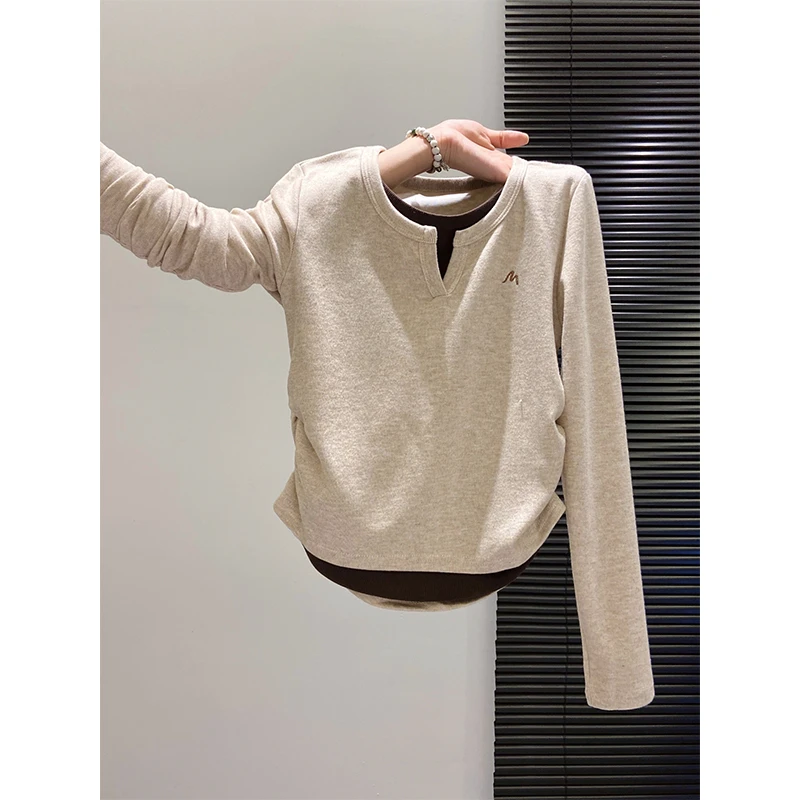 女童假两件长袖t恤秋装外穿2025新款内搭打底衫春秋儿童修身上衣