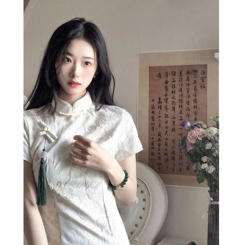 新中式国风复古白色连衣裙女夏古法改良旗袍年轻少女款温柔初恋裙
