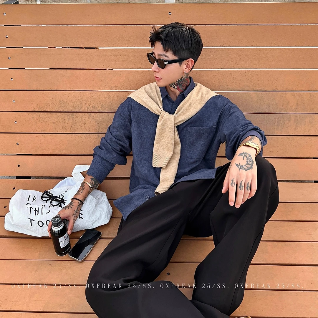 OXFREAK「高智感 拉夫风」带披肩扎染长袖衬衫男宽松廓形翻领衬衣