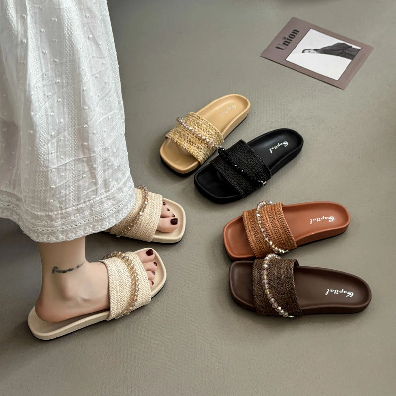 水晶编织拖鞋女夏外穿2025新款不累脚厚底配裙子法式休闲方头凉拖