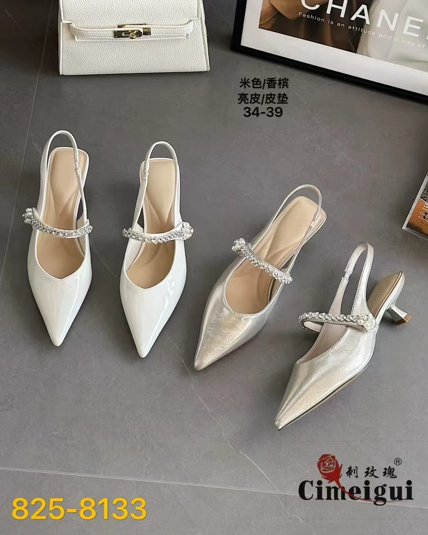 尖头鞋子平底时装凉鞋水钻香槟包头粗跟包头凉鞋女夏季气质