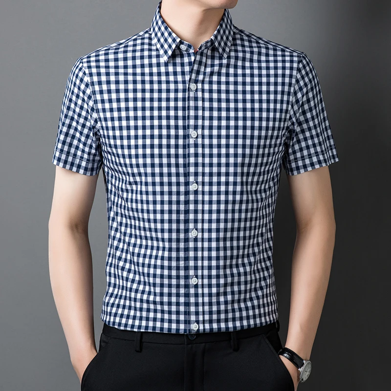 【专柜同款】夏季新款男士纯棉高质量短袖格子衬衫免烫抗皱抗起球