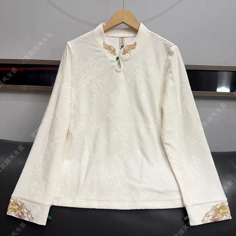 【雪烟】2025新款打底上衣小衫女新中式刺绣宽松显瘦长袖T恤衫