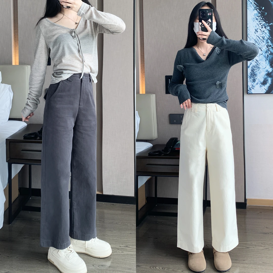 小个子白色九分阔腿裤女秋季新款显瘦直筒窄版休闲裤宽松韩版裤子