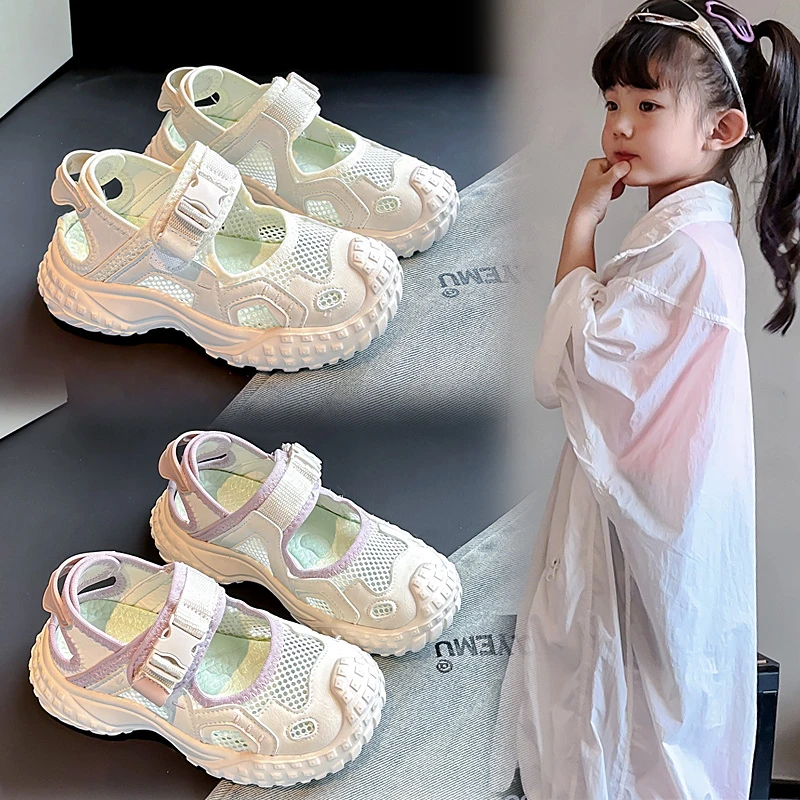 女童运动凉鞋2025夏儿童轻便休闲鞋女孩魔术贴百搭跑步鞋学生单网