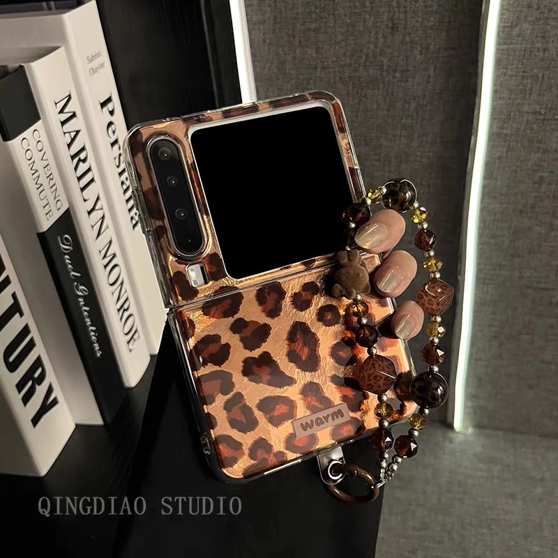 轻奢时尚豹纹锡纸纹适用华为Pura X折叠屏手机壳Pocket 2手链女生