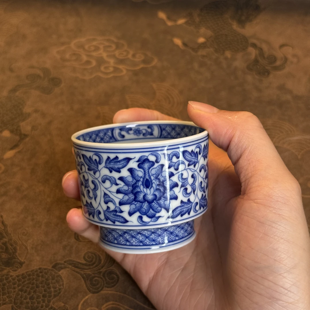 景德镇青言纯手工手绘青花缠枝莲纹高足直口杯主人杯