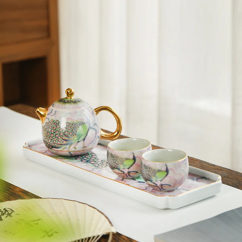 孔雀龙胆壶一壶两杯小套装陶瓷功夫茶具高档茶杯泡茶壶陶瓷干泡盘