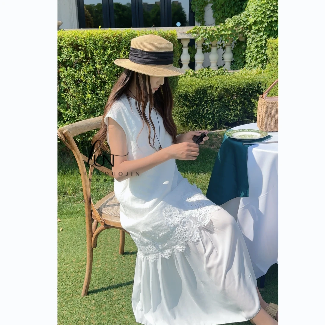 Lun/天鹅之梦/25夏季新款防晒显瘦宽松设计师款老钱风亚麻连衣裙