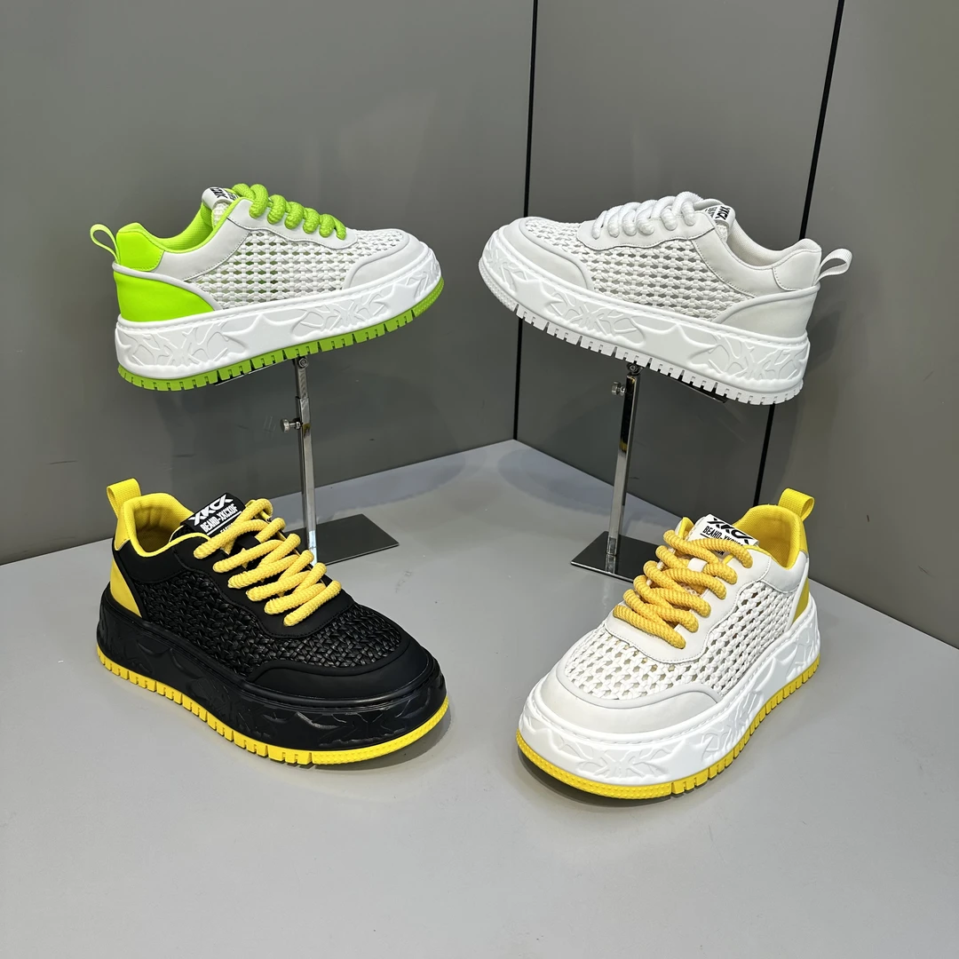欧洲站潮牌2025夏季透气拼色系带低帮厚底时尚休闲镂空运动男潮鞋