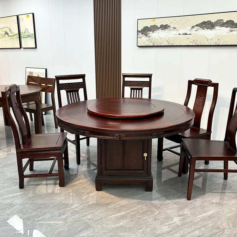 中式圆形餐桌全实木储物饭桌带转盘大圆桌家用圆餐桌菠萝格木