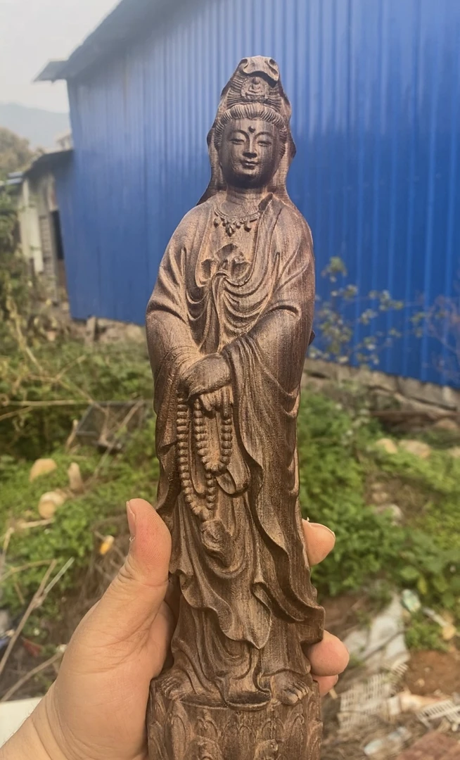 【观音庙】实木雕刻念珠白瓷观音摆件工艺品立体手工摆件保平安