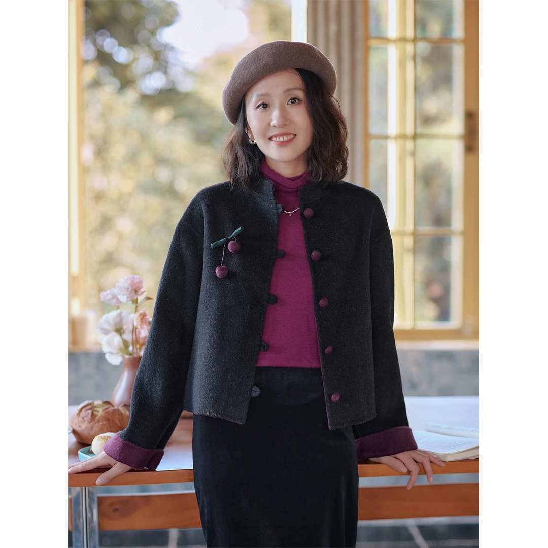 红念100%羊毛灰紫色毛呢外套女短款小个子设计感2025冬季新款上衣