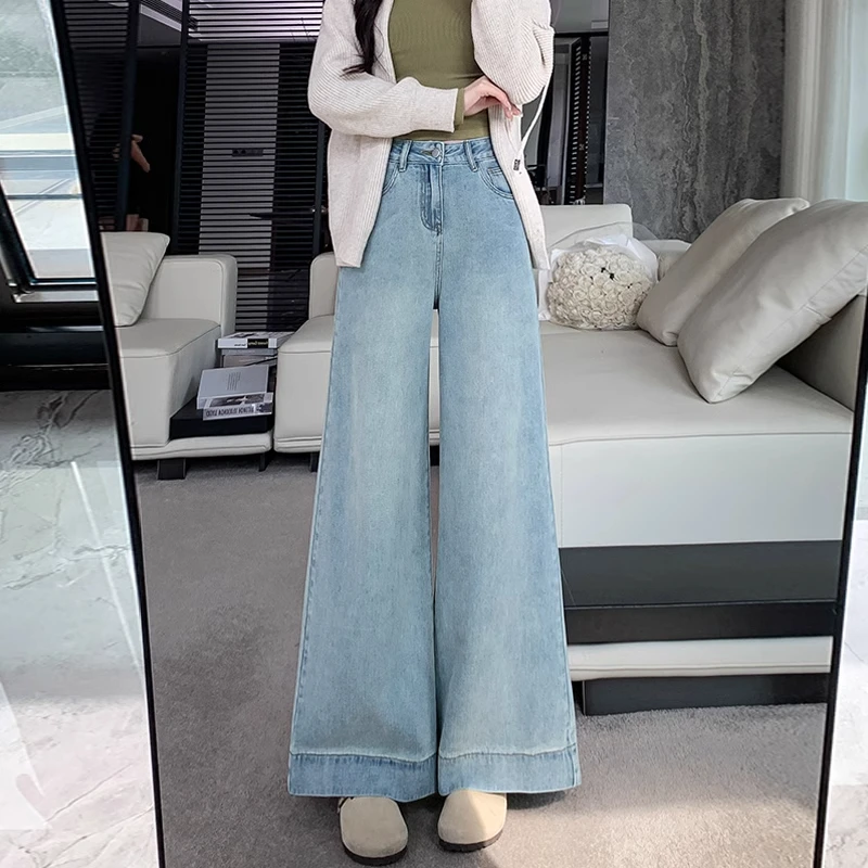 复古浅蓝色阔腿牛仔裤女春秋小个子百搭高腰显瘦垂感拖地微喇叭裤