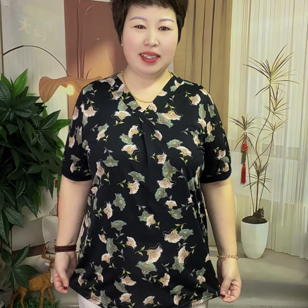 小个子夏季短袖T恤 大码中老年妈妈装弹力V领洋气T恤衫时尚百搭