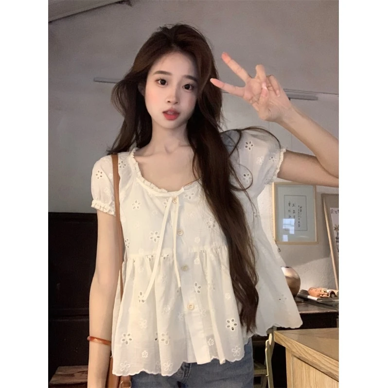 法式甜美短袖衬衫女2025新款夏季宽松娃娃衫日系减龄衬衣显瘦上衣