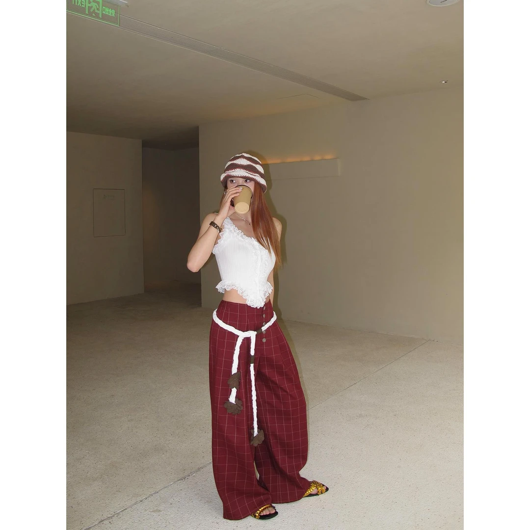 区区欧阳 格子休闲裤女春季宽松阔腿裤高腰直筒长裤复古拖地裤子