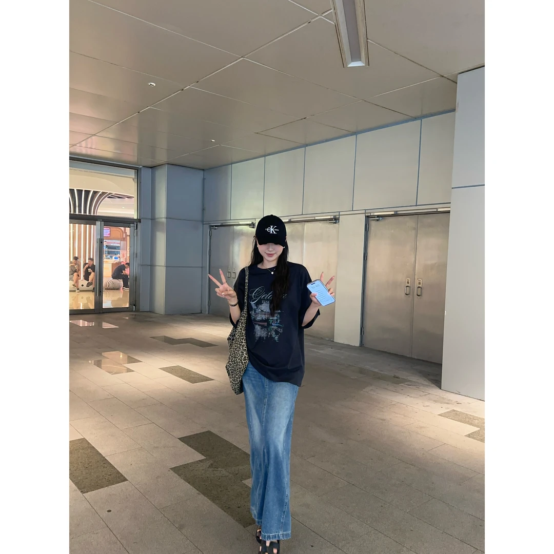 48H【梨形作弊裙】加长复古慵懒感侧开叉牛仔半身裙 SU332