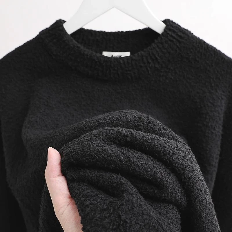通勤小众秋季经典百搭黑色软糯毛衣男女保暖舒适半边绒长袖上衣潮